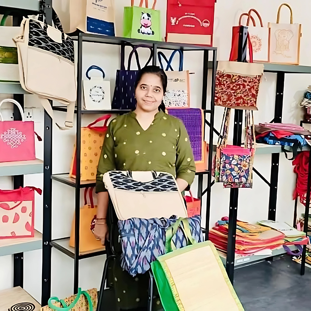 Annapurna Kalluri with eco-friendly bags